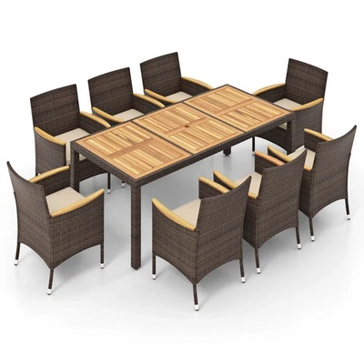 COSTWAY 9PCS Patio Dining Set w/ Acacia Wood Table Top Outdoor Dining Set for 8 People