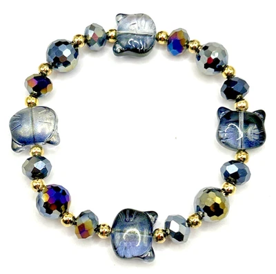 Para el amante de los gatos: pulsera elástica de gato con cuentas de vidrio galvanizado negro de 7,5" Foto 1 de 4