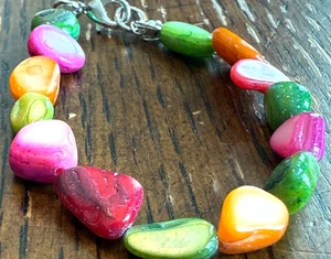 Multicolored Gemstones Smooth Irregular Stone Beads Bracelet Silver Clasp - Picture 1 of 4