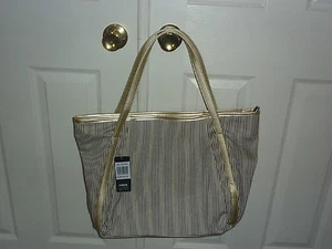 Totalmente Nuevo Bolso de Mano de Diseñador de Moda Goreous ~ Lona a Rayas con Borde Dorado - Imagen 1 de 3