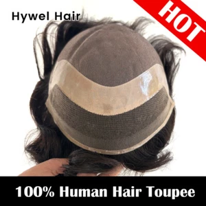 Men Human Hair Toupee Lace Front Mono Hair Replacement System Black Hairpieces - Picture 1 of 19