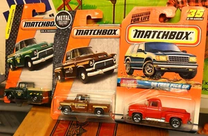 3 LOT MATCHBOX 1956 FORD PICKUP #35 RED & 1957 GMC STEPSIDE GREEN & GMC SHERIFF - Picture 1 of 5