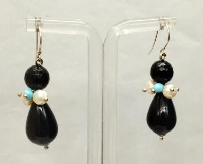 orecchini donna argento 925  goccia agata nera pasta di turchese  perle naturali - Immagine 1 di 4