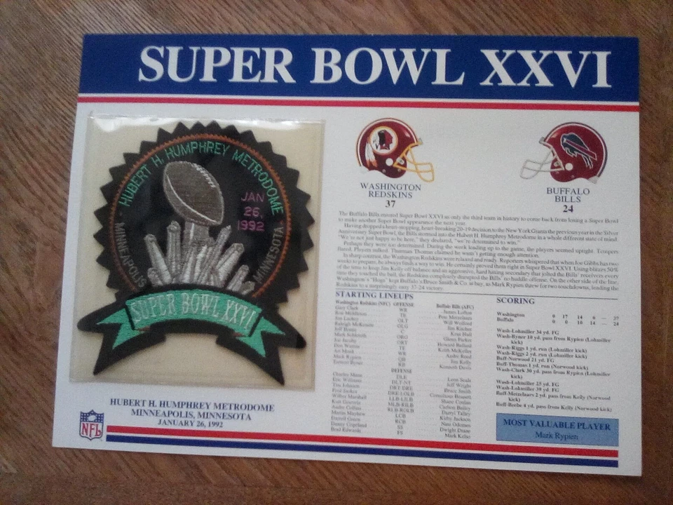 Willabee & Ward Patch Super Bowl XXVI 26 Washington Redskins Buffalo Bills - Image 1 of 1