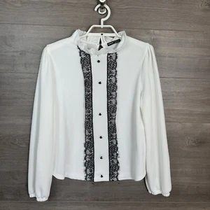 SHEIN Women's Size Large Long Sleeve Lace Trim Blouse Shirt White Black - Picture 1 of 9