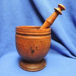 Antique Wooden Mortar and Pestle Hand Turned Primative Branded G I P - Picture 1 of 24