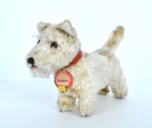 RARE STEIFF ANTIQUE SEALYHAM TERRIER DOG SILK PLUSH Blank Button Vintage Scottie - Picture 1 of 9