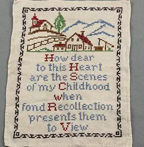 Completed Vintage Cross Stitch Embroidery Sampler Scenes of My Childhood 10x13 - Picture 1 of 7