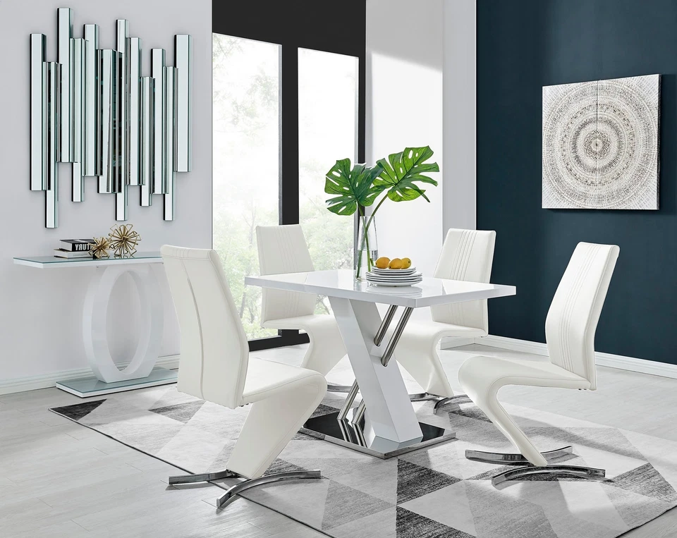 SORRENTO White High Gloss Chrome Dining Table & 4 Faux Leather Willow Chairs