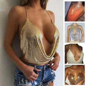 Sexy Women V Neck Sequined Halter Backless Chain Plunge Tank Vest Crop Tops Cami - Picture 1 of 27