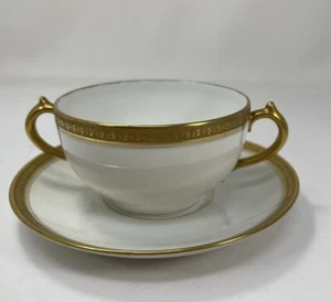 Vintage Limoges Double Handle Soup Cup And Saucer Rare Gold Design - Picture 1 of 12