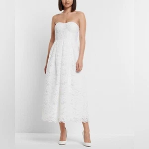 NWT Express Bridal Lace Strapless Sweetheart Dress Midi Tea Length White Size 4 - Picture 1 of 9