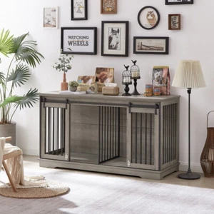 Wood+ Metal Dog Pet crate TV cabinet dog cage End table Pet Dog Kennel Gray  - Picture 1 of 12