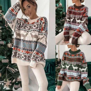 Women's Fashion Round Neck Loose Christmas Theme Jacquard Long Sleeve Sweater - Picture 1 of 7