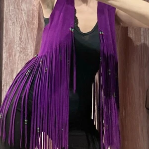 Vtg 60s AAE fringe bead vest purple suede unisex hippie Woodstock Prince Hendrix - Picture 1 of 5