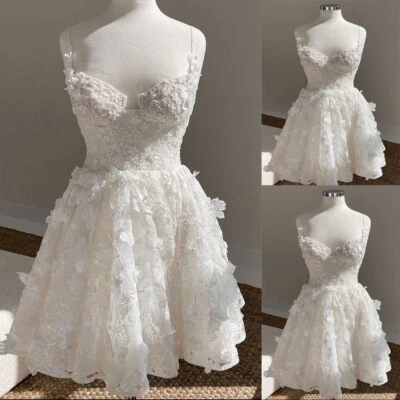 Mini Short Wedding Dresses Spaghetti Straps 3D Floral White Ivory Bridal Gowns - Image 1 of 4
