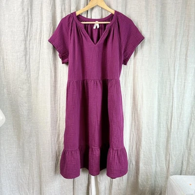 Pact Dress Womens XL Purple Cotton Gauze Tiered Midi Pockets Short Sleeve - Image 1 of 4