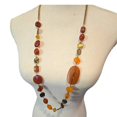 Vintage Necklace Gold Tone Chain Acrylic Brown Beads 36 Inch Long SKU 2291 - Image 1 of 4