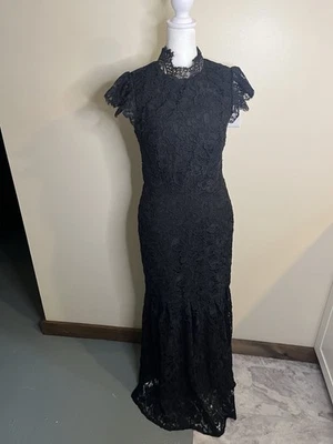 Maxi Vestido Trompeta Para Mujer Monique Lhuillier Negro Floral Encaje Espalda Transparente Talla 8 Foto 1 de 4