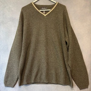 Vintage Eddie Bauer Lambs Wool Sweater Chevron Fisherman V-Neck Heathered Green - Picture 1 of 9