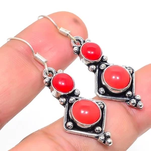 Italian Red Coral Gemstone 925 Sterling Silver Earring 1.69" y339 - Picture 1 of 5