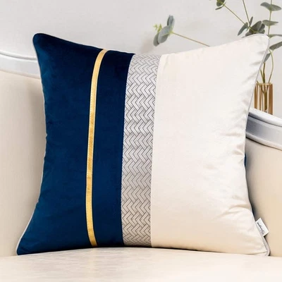 Yangest Navy Blue Patchwork Velvet Throw Pillow Cover with Gold Striped Leath... - Image 1 of 4