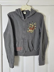VTG Y2K Christian Audigier Ed Hardy Full Zip Womens Gray Hoodie Size Small Rose - Picture 1 of 7
