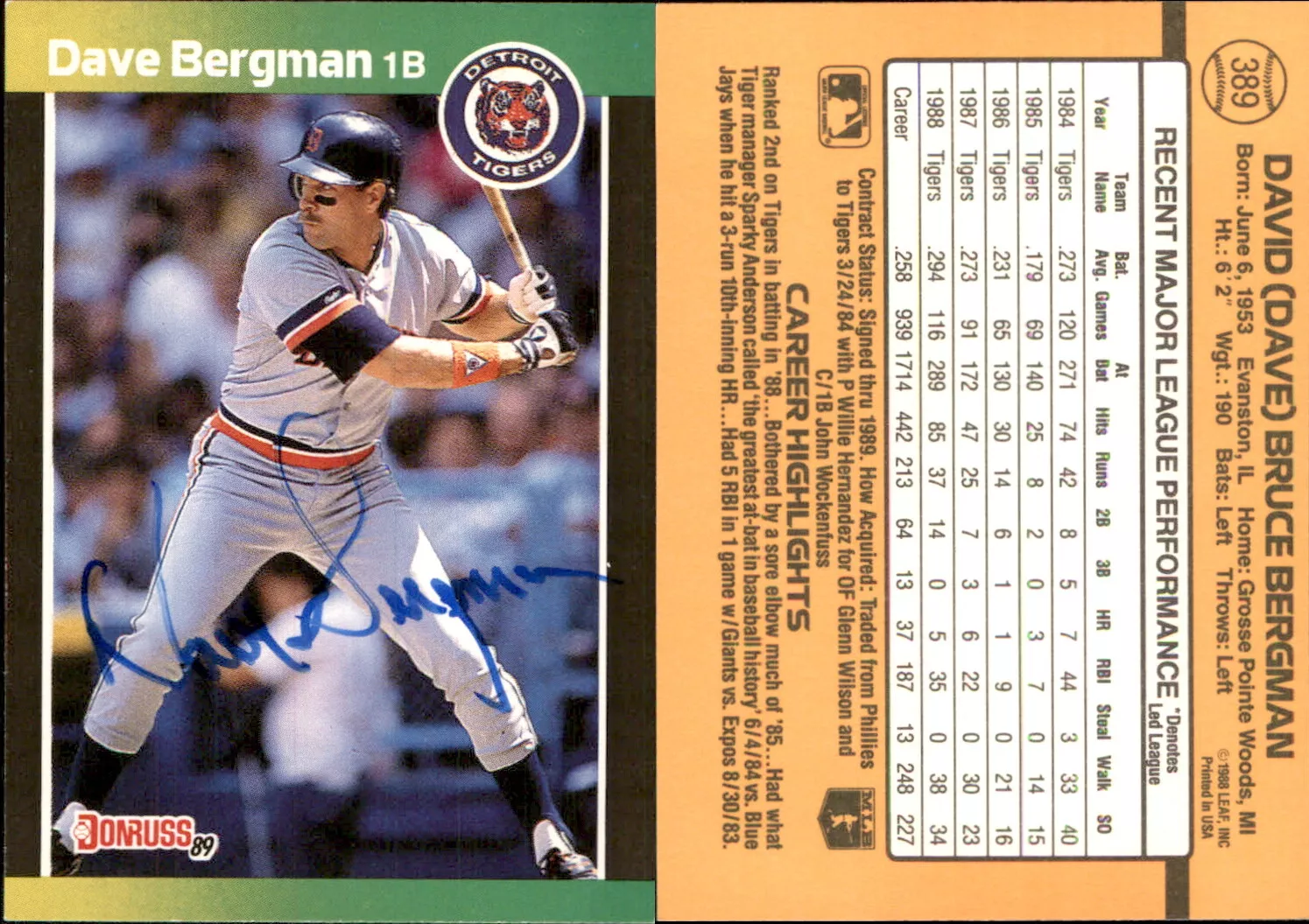 Dave Bergman Signed 1989 Donruss #389a Card Detroit Tigers Auto AU