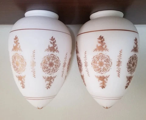 Antique VV France Pair Milk Glass Globe Gilt Acorn Light Shade Vintage French Cover