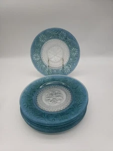 Indiana Glass 8¼” Turquoise & Clear Tiara Sandwich Salad Plates Set of 6 - Picture 1 of 6