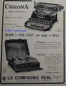 PUBLICITE MACHINE A ECRIRE CORONA TYPEWRITER COMPAGNIE REAL DE 1914 FRENCH AD - Picture 1 of 1
