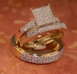 3 Ct Round Natural Moissate 14K Yellow Gold Plated Trio Set His Her Wedding Ring - Picture 1 of 4