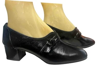 Zapato 6 C Nuevo de Colección Años 70 MOD GoGo TACÓN GRUESO NEGRO BRILLANTE CUERO ARRUGADO NUDO LATERAL Foto 1 de 4