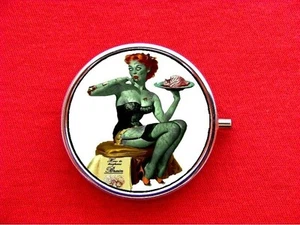 ZOMBIE PIN UP GIRL BRAINS RING TRINKET STASH ROUND MINT METAL PILL BOX CASE - Picture 1 of 2
