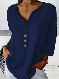 2025 Women's Tops Casual 3/4 Sleeve Shirts Button-Up V Neck Summer Blouses Tee - Picture 1 of 9