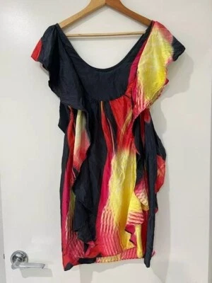 Kookai Scoop Neck Ruffle Detail Bodycon Silk Mini Dress Black Yellow Size 34 - Image 1 of 4