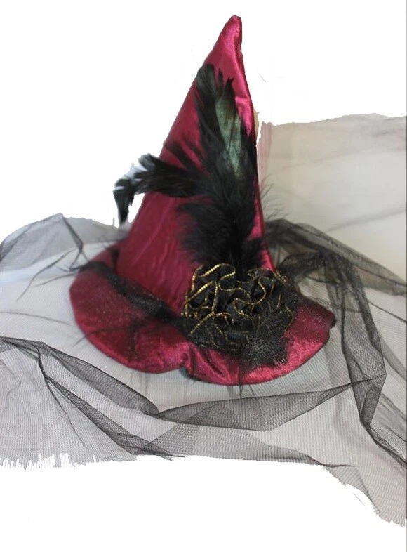 7" Burgundy Witch Mini Hat Costume w Black Veil and Feathers and tulle flowers - Image 1 of 1