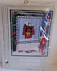 Vintage 1991 Peanuts Snoopy Woodstock Christmas Doghouse Vinyl Shower Curtain - Picture 1 of 3