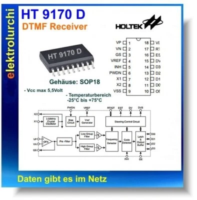 HT9170D – DTMF-Decoder-IC mit parallelem Ausgang (SMD) 2 Stück - Bild 1 von 2