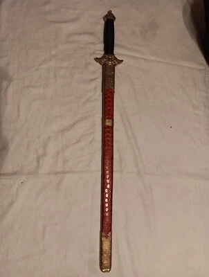Vintage Chinese Sword 26 Inch Steel Double Sided Blade with Red Leather Scabbard - Image 1 of 4