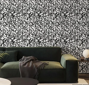 17.3"X118" Unique Black and White Peel and Stick Wallpaper Scribbles Modern Blac - Picture 1 of 12