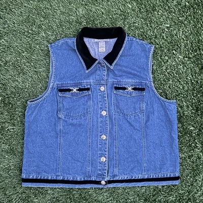 Vintage 90s Stonebridge 2X Blue Denim Black Velvet Trim Vest Plus Size - Image 1 of 4