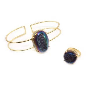 Wunderschönes Regenbogen Druzy Edelstein vergoldet Ring Armband Schmuck Set p157 - Bild 1 von 4