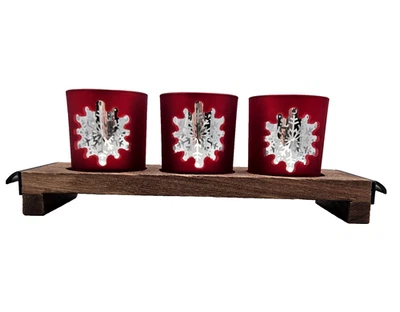 Hallmark Christmas Wood Tray w/ 3 Red Glass Snowflake Battery Candle Holder - Image 1 of 4