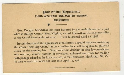 WW2 Patriotic 1942 MACARTHUR WEST VIRGINIA NEW PO USPOD ANNOUNCEMENT CARD & FDC - Image 1 of 2