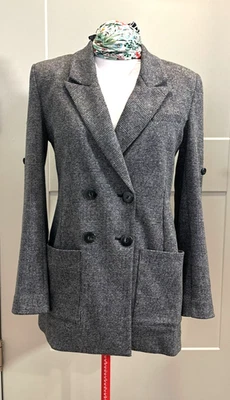 CABI Semi-Fitted Knit Long Double Breasted Blazer Sz M No Lining Plaid Back Gray - Image 1 of 4