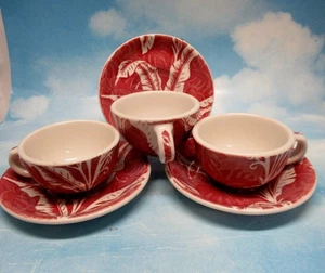 JUEGO DE 3 TAZAS Y PLATILLOS ROJOS Shadowleaf Palm Tiki Wallace China - Imagen 1 de 4