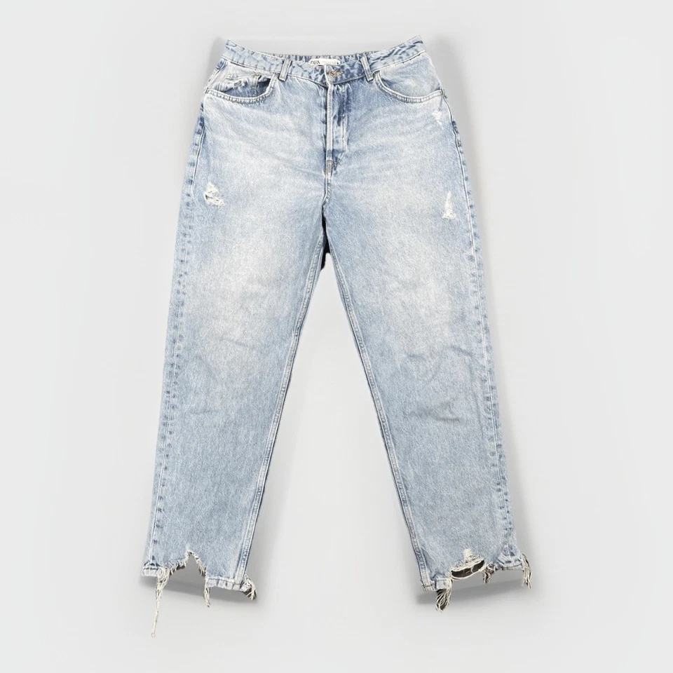 Zara High Rise Mom Jeans Women 12 Light Wash Thrashed Hem Distressed Y2K Grunge - Image 1 of 4