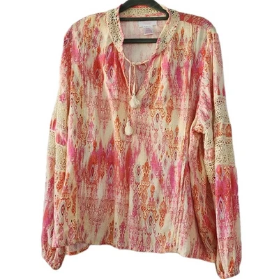 Stella Parker Bohemian Long Sleeve Top Crochet coastal XXL boho Pink Cream New - Изображение 1 из 4