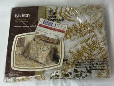 JC Penney Sheet Dark Goldenrod Twin Flat 复古蕨类蝴蝶花卉无铁 — 第 1/4 张图片